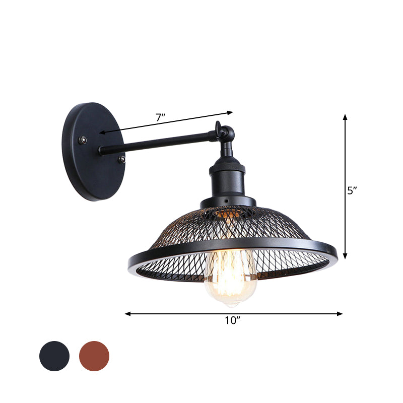 Retro Style Flared Restaurant Sconce: Mesh Shade Wrought Iron Wall Lamp (1 Bulb) In Black/Rust