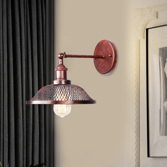 Retro Style Flared Restaurant Sconce: Mesh Shade Wrought Iron Wall Lamp (1 Bulb) In Black/Rust