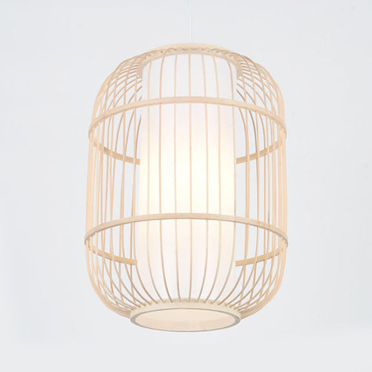 Bamboo Hanging Lamp With Asian-Inspired Cylinder Shade For Living Room Ceiling In Beige - 1 Head