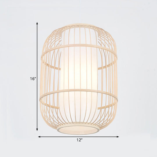 Bamboo Hanging Lamp With Asian-Inspired Cylinder Shade For Living Room Ceiling In Beige - 1 Head