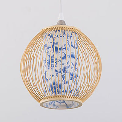 Chinese Style Bamboo Globe Ceiling Lamp - Blue and White Pattern Pendant Light in Black/Wood - 1 Light