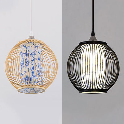 Chinese Style Bamboo Globe Ceiling Lamp - Blue and White Pattern Pendant Light in Black/Wood - 1 Light