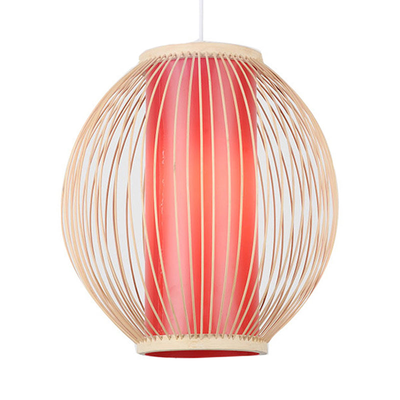 Bamboo Hanging Light Fixture with Chinese Style Suspension - 1-Light Global Kitchen Lamp, Inner Red Cylinder Shade