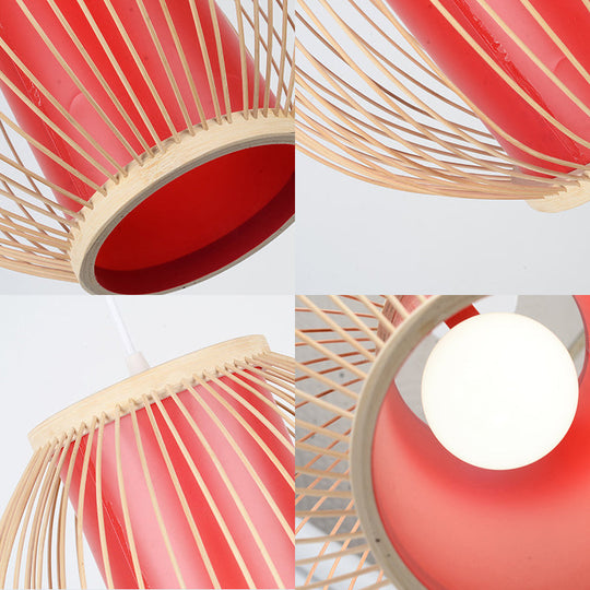 Bamboo Hanging Light Fixture with Chinese Style Suspension - 1-Light Global Kitchen Lamp, Inner Red Cylinder Shade