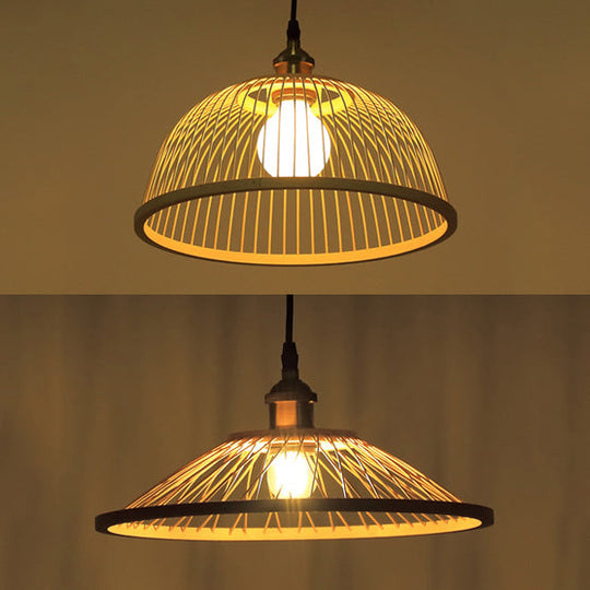 Stylish Asian Bamboo Pendant Hanging Lamp Ceiling Light - 1 Head Dome/Saucer Design In Beige For