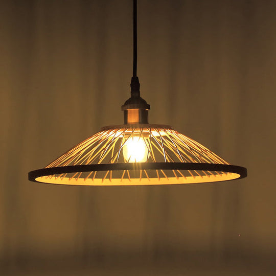 Stylish Asian Bamboo Pendant Hanging Lamp Ceiling Light - 1 Head Dome/Saucer Design In Beige For