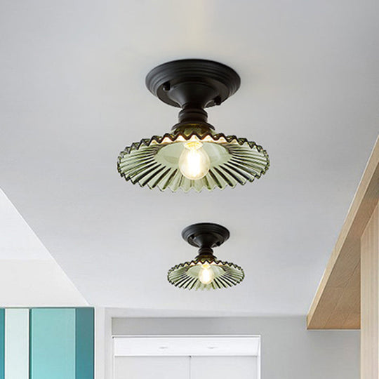 Industrial Scalloped Semi Flush Light - One Light Clear/Green Ribbed Glass Lighting Fixture for Indoor Spaces