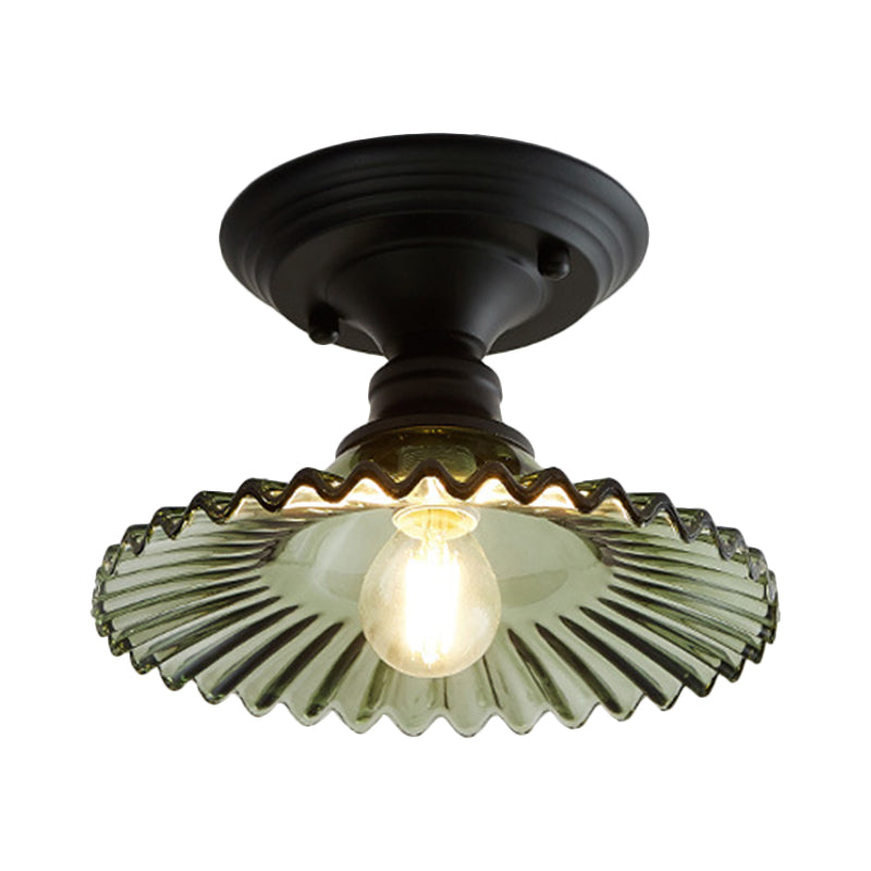 Scalloped Semi Flush Industrial Clear/Green Ribbed Glass Lighting Fixture For Indoor Spaces - One