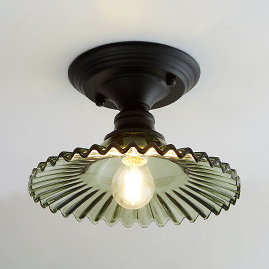 Industrial Scalloped Semi Flush Light - One Light Clear/Green Ribbed Glass Lighting Fixture for Indoor Spaces