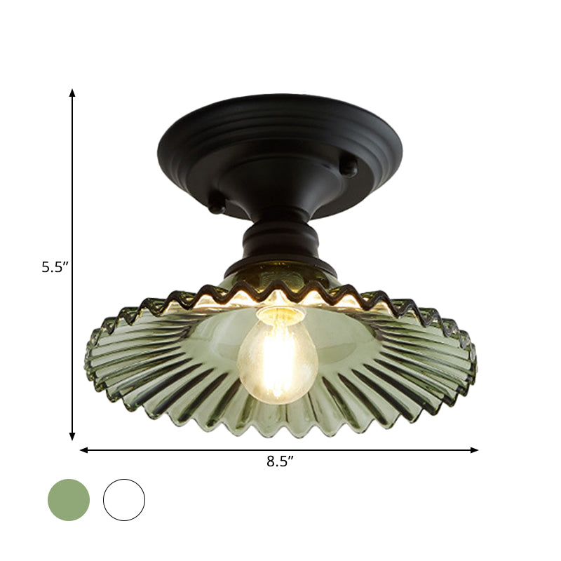 Industrial Scalloped Semi Flush Light - One Light Clear/Green Ribbed Glass Lighting Fixture for Indoor Spaces