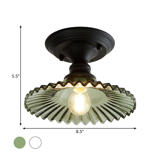 Scalloped Semi Flush Industrial Clear/Green Ribbed Glass Lighting Fixture For Indoor Spaces - One