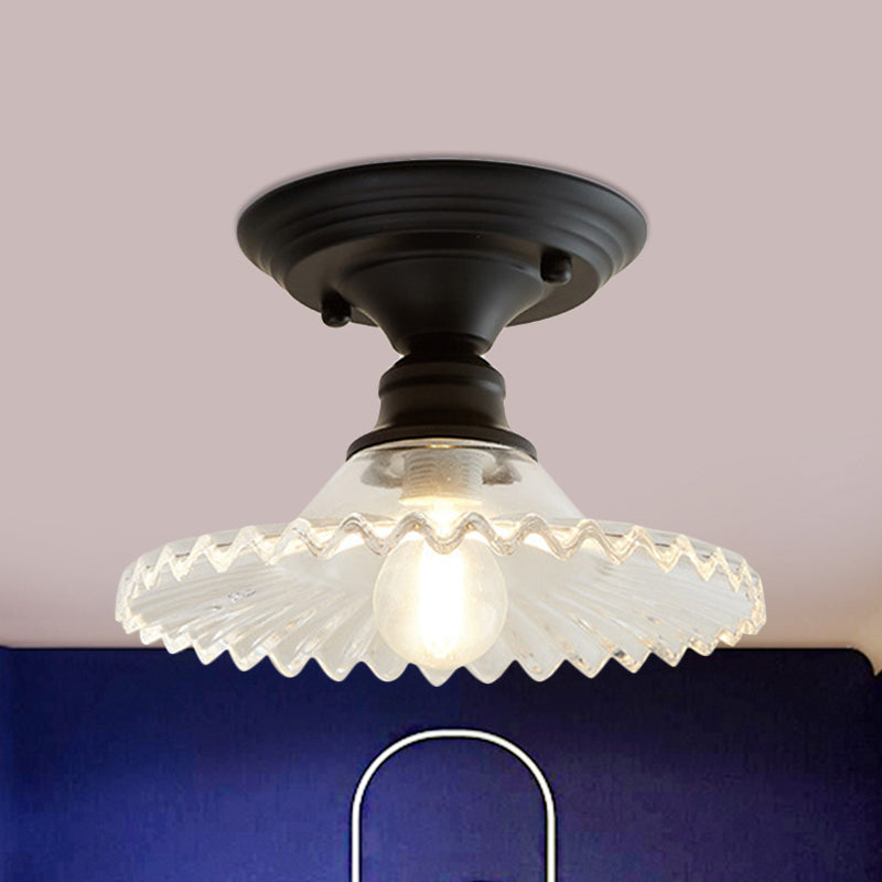 Industrial Scalloped Semi Flush Light - One Light Clear/Green Ribbed Glass Lighting Fixture for Indoor Spaces