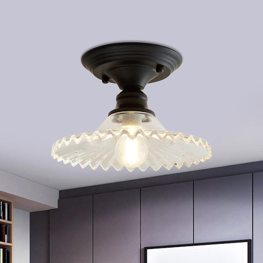 Industrial Scalloped Semi Flush Light - One Light Clear/Green Ribbed Glass Lighting Fixture for Indoor Spaces