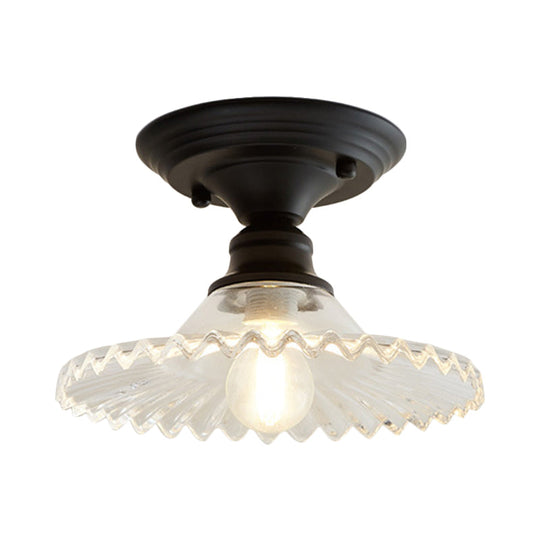 Industrial Scalloped Semi Flush Light - One Light Clear/Green Ribbed Glass Lighting Fixture for Indoor Spaces