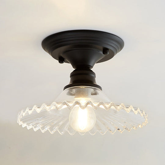 Industrial Scalloped Semi Flush Light - One Light Clear/Green Ribbed Glass Lighting Fixture for Indoor Spaces