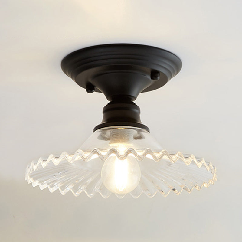 Scalloped Semi Flush Industrial Clear/Green Ribbed Glass Lighting Fixture For Indoor Spaces - One