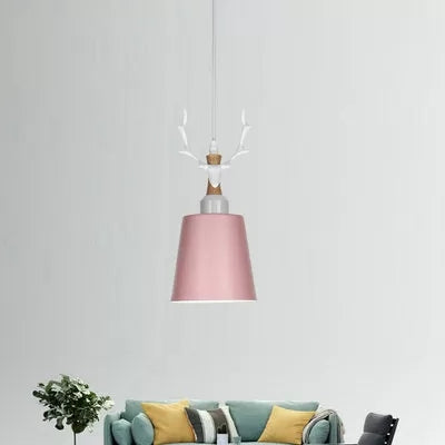 Macaron Style Hanging Light With Antlers - Metal Pendant For Balcony And Foyer