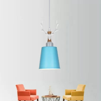 Macaron Style Hanging Light With Antlers - Metal Pendant For Balcony And Foyer