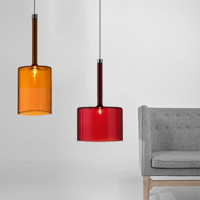 Modernist Glass Led Pendant Light Fixture - Cylindrical/Drum Design Nickel Finish 1 Grey/Red/Orange