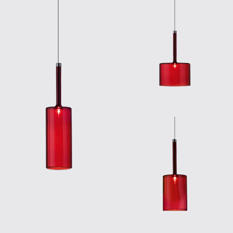 Modernist Glass Led Pendant Light Fixture - Cylindrical/Drum Design Nickel Finish 1 Grey/Red/Orange