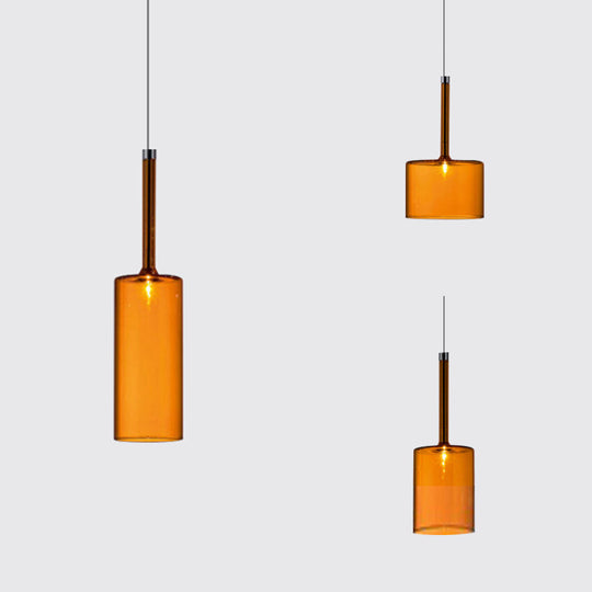 Modernist Glass Led Pendant Light Fixture - Cylindrical/Drum Design Nickel Finish 1 Grey/Red/Orange