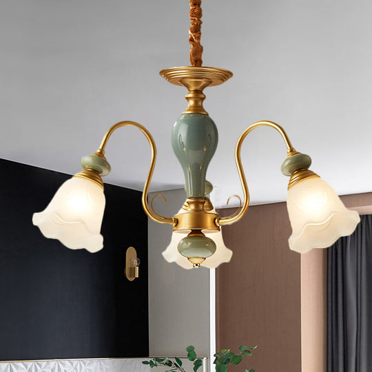 Rural Frosted Glass Green Flower Pendant Light With 3/5/6 Bulbs - Chandelier For Guest Rooms