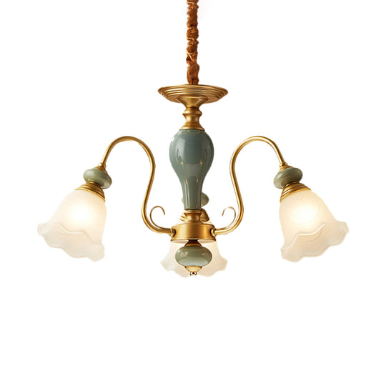 Rural Frosted Glass Green Flower Pendant Light With 3/5/6 Bulbs - Chandelier For Guest Rooms