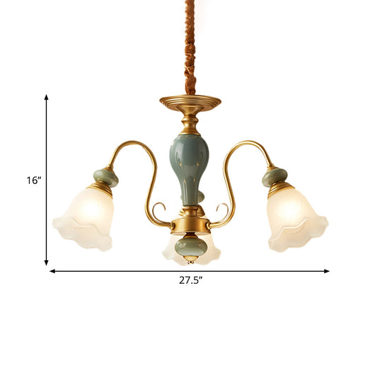 Rural Frosted Glass Green Flower Pendant Light With 3/5/6 Bulbs - Chandelier For Guest Rooms