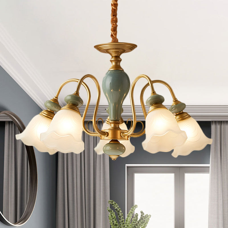 Rural Frosted Glass Green Flower Pendant Light With 3/5/6 Bulbs - Chandelier For Guest Rooms