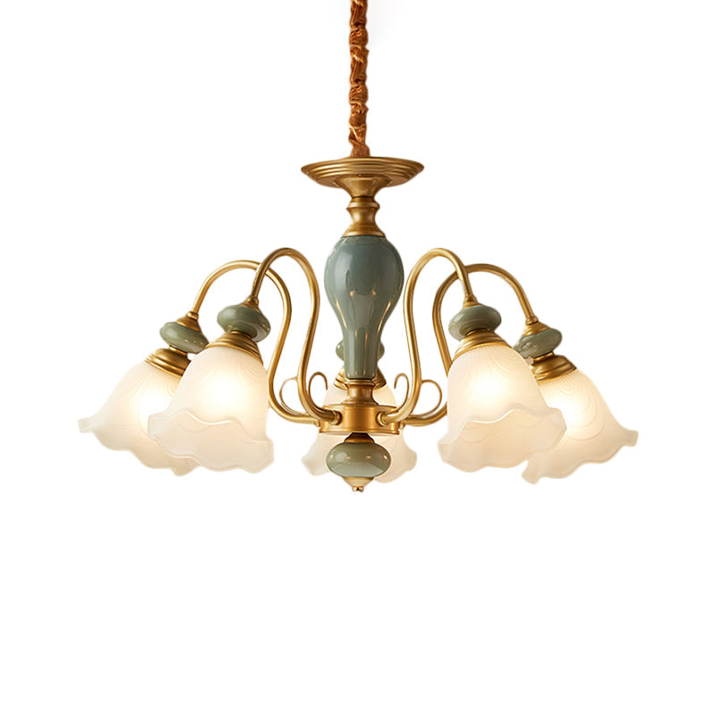 Rural Frosted Glass Green Flower Pendant Light With 3/5/6 Bulbs - Chandelier For Guest Rooms