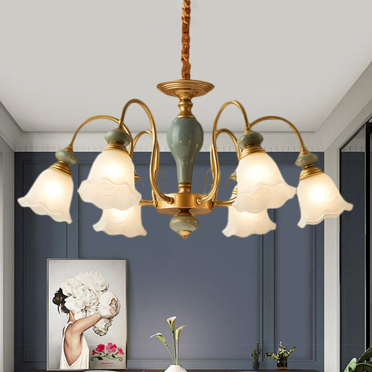 Rural Frosted Glass Green Flower Pendant Light With 3/5/6 Bulbs - Chandelier For Guest Rooms