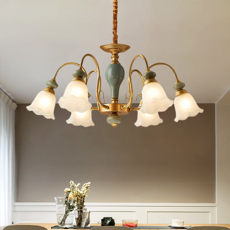 Rural Frosted Glass Green Flower Pendant Light With 3/5/6 Bulbs - Chandelier For Guest Rooms