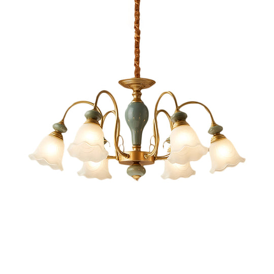 Rural Frosted Glass Green Flower Pendant Light With 3/5/6 Bulbs - Chandelier For Guest Rooms