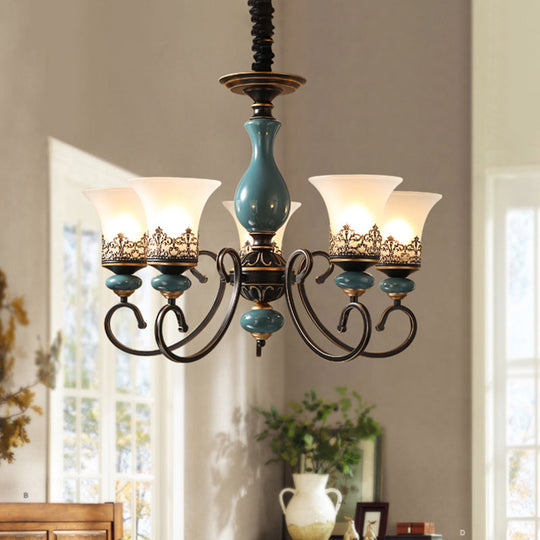 Milky Glass Bell Shade Pendant Light In Rustic Blue - 3/5/6-Head Chandelier For Unique Lighting