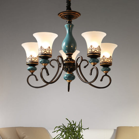 Milky Glass Bell Shade Pendant Light In Rustic Blue - 3/5/6-Head Chandelier For Unique Lighting