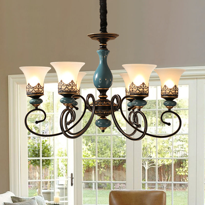 Milky Glass Bell Shade Pendant Light In Rustic Blue - 3/5/6-Head Chandelier For Unique Lighting