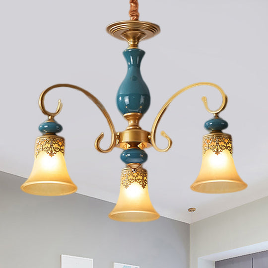 Countryside Brass Suspension Pendant Chandelier With Bell Milk Glass Shade - 3/5/6-Bulb Swooping Arm