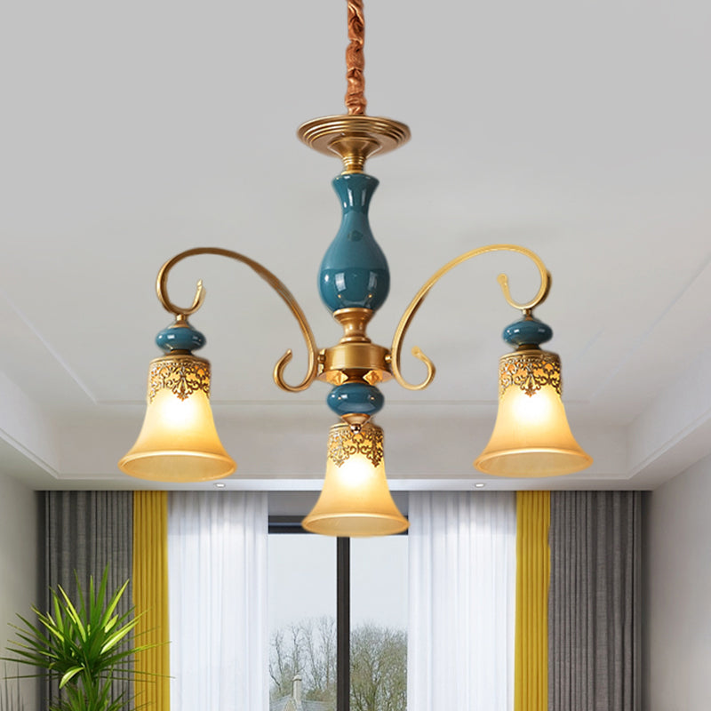 Countryside Brass Suspension Pendant Chandelier With Bell Milk Glass Shade - 3/5/6-Bulb Swooping Arm