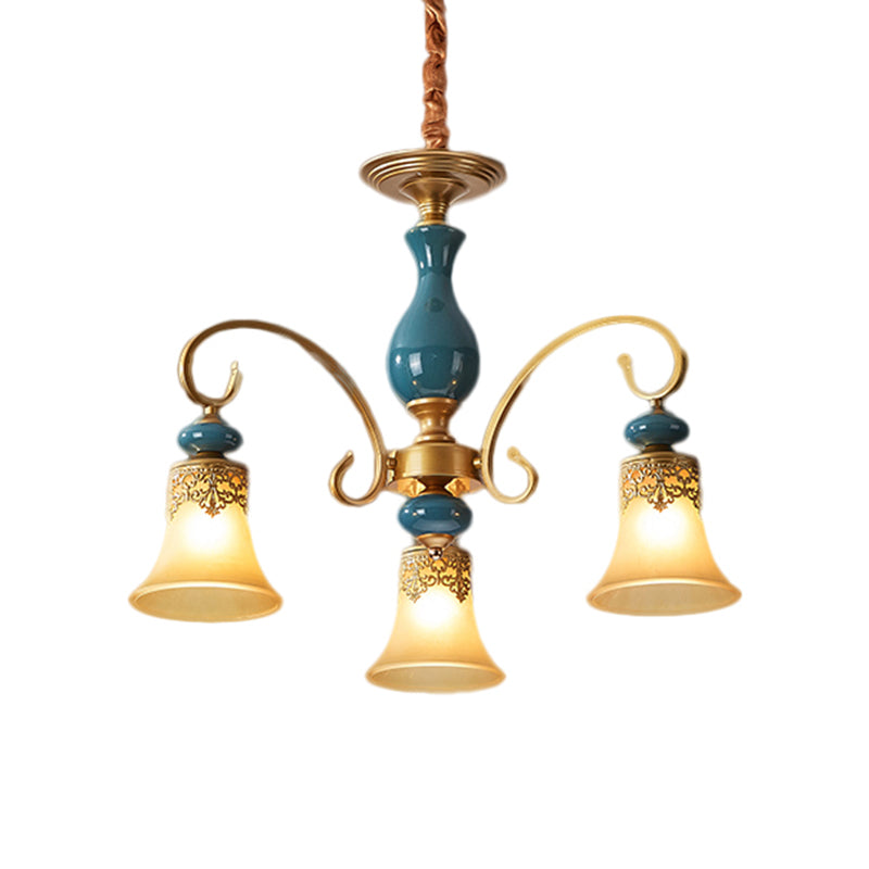 Countryside Brass Suspension Pendant Chandelier With Bell Milk Glass Shade - 3/5/6-Bulb Swooping Arm