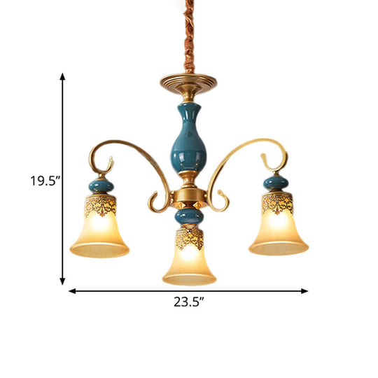 Countryside Brass Suspension Pendant Chandelier With Bell Milk Glass Shade - 3/5/6-Bulb Swooping Arm