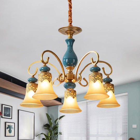 Countryside Brass Suspension Pendant Chandelier With Bell Milk Glass Shade - 3/5/6-Bulb Swooping Arm