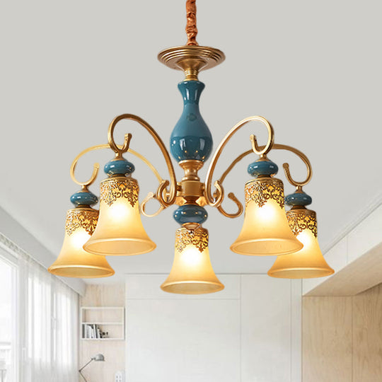 Countryside Brass Suspension Pendant Chandelier With Bell Milk Glass Shade - 3/5/6-Bulb Swooping Arm