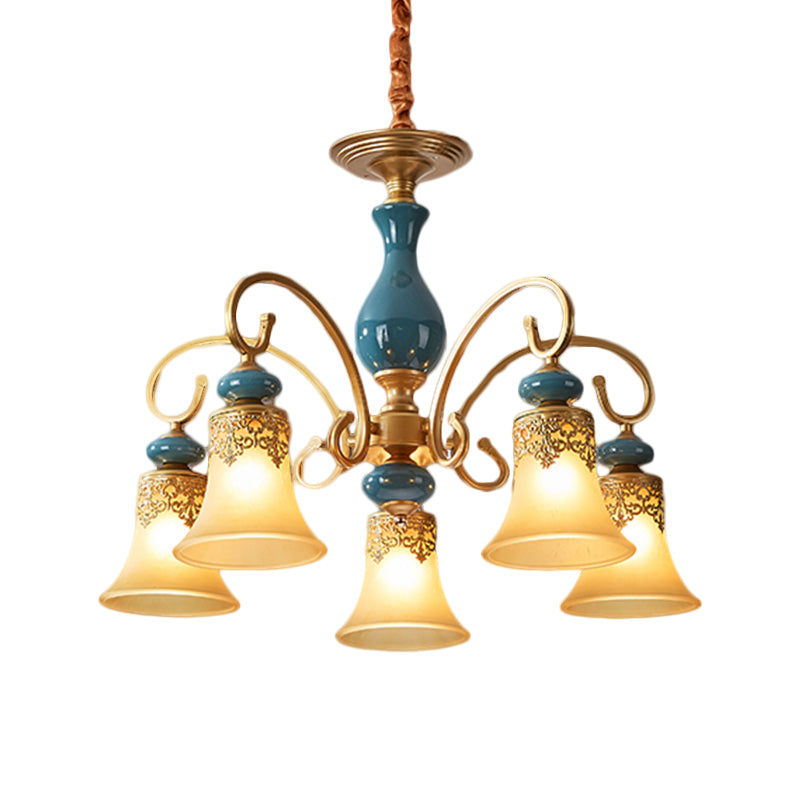 Countryside Brass Suspension Pendant Chandelier With Bell Milk Glass Shade - 3/5/6-Bulb Swooping Arm