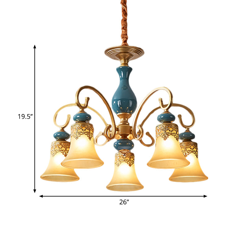 Countryside Brass Suspension Pendant Chandelier With Bell Milk Glass Shade - 3/5/6-Bulb Swooping Arm