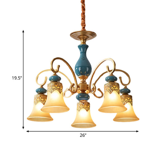 Countryside Brass Suspension Pendant Chandelier With Bell Milk Glass Shade - 3/5/6-Bulb Swooping Arm