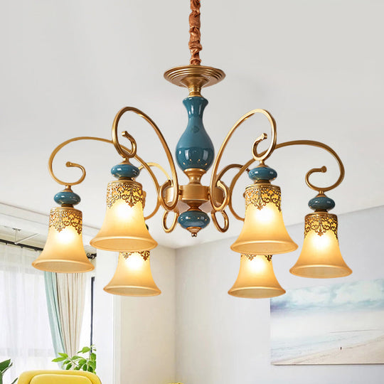 Countryside Brass Suspension Pendant Chandelier With Bell Milk Glass Shade - 3/5/6-Bulb Swooping Arm