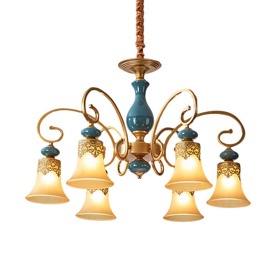 Countryside Brass Suspension Pendant Chandelier With Bell Milk Glass Shade - 3/5/6-Bulb Swooping Arm