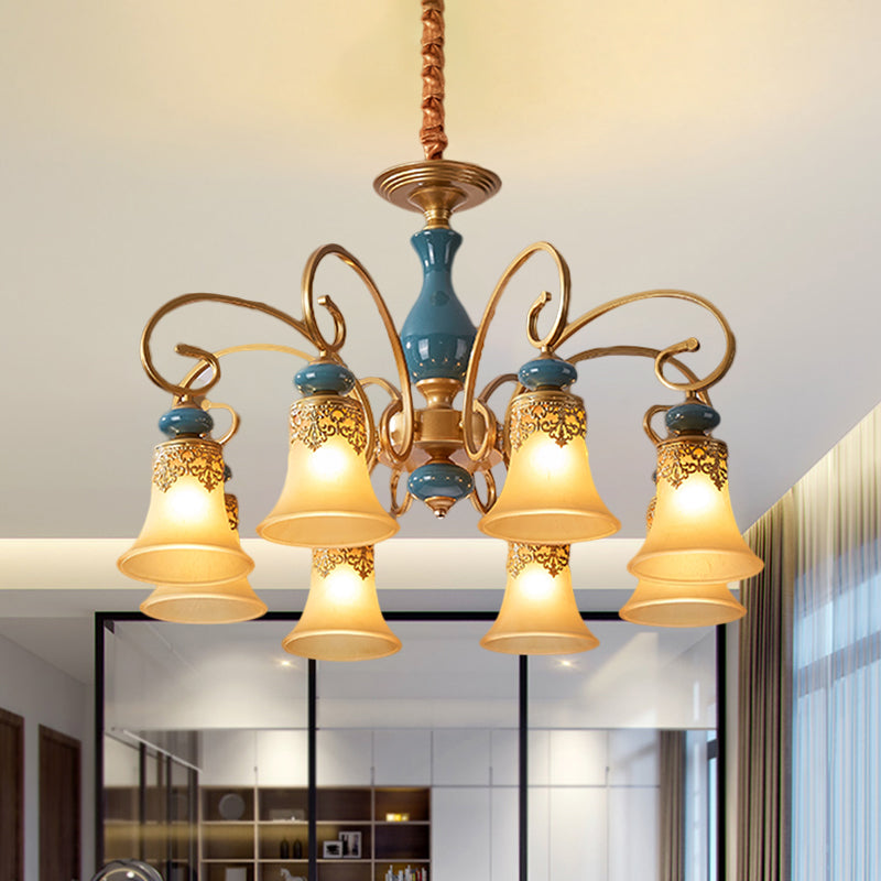 Countryside Brass Suspension Pendant Chandelier With Bell Milk Glass Shade - 3/5/6-Bulb Swooping Arm