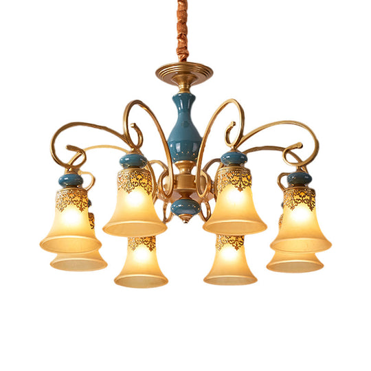 Countryside Brass Suspension Pendant Chandelier With Bell Milk Glass Shade - 3/5/6-Bulb Swooping Arm