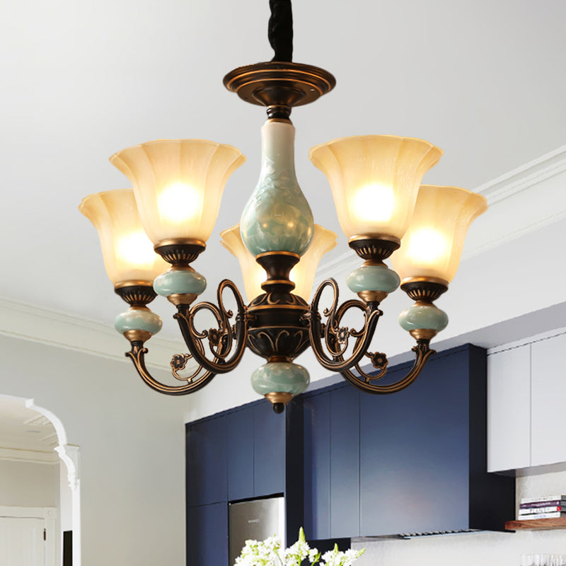 Curvy Armed Pendant Chandelier - Rural Style Black-Gold Metallic Ceiling Light With Blossom Shade